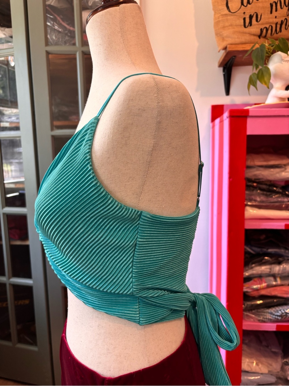 Ro & De Teal Pleated Satin Tie Back Crop Top Size Small Y2K Party Cami - Picture 3 of 6